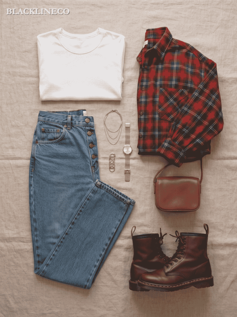 Flat lay of 90s fashion staples including high-waisted denim and flannel