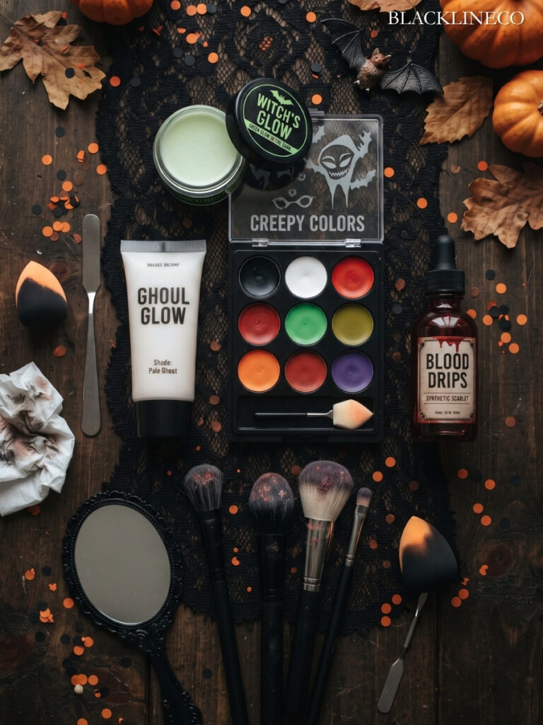 Flat lay of essential Halloween makeup supplies for SFX