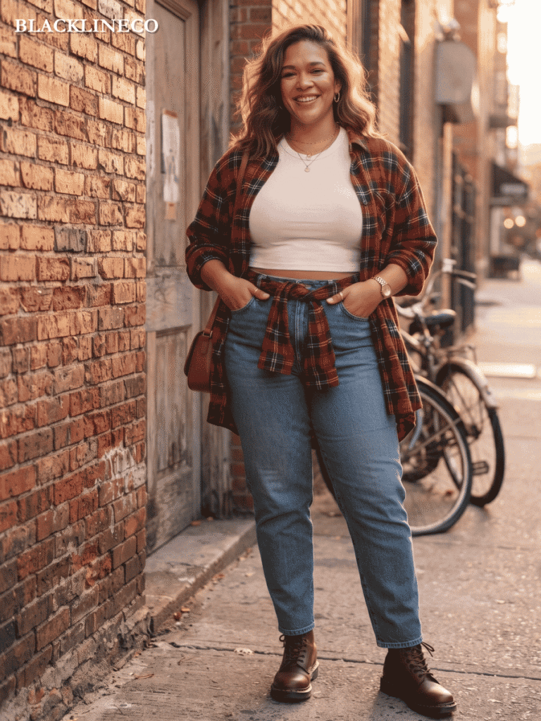 Plus size woman wearing high-waisted mom jeans with a cropped baby tee