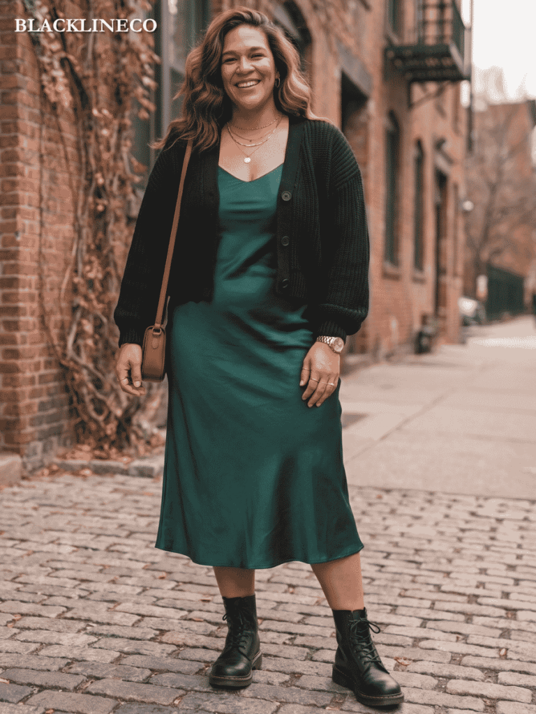 Plus size woman wearing a satin slip dress with chunky combat boots