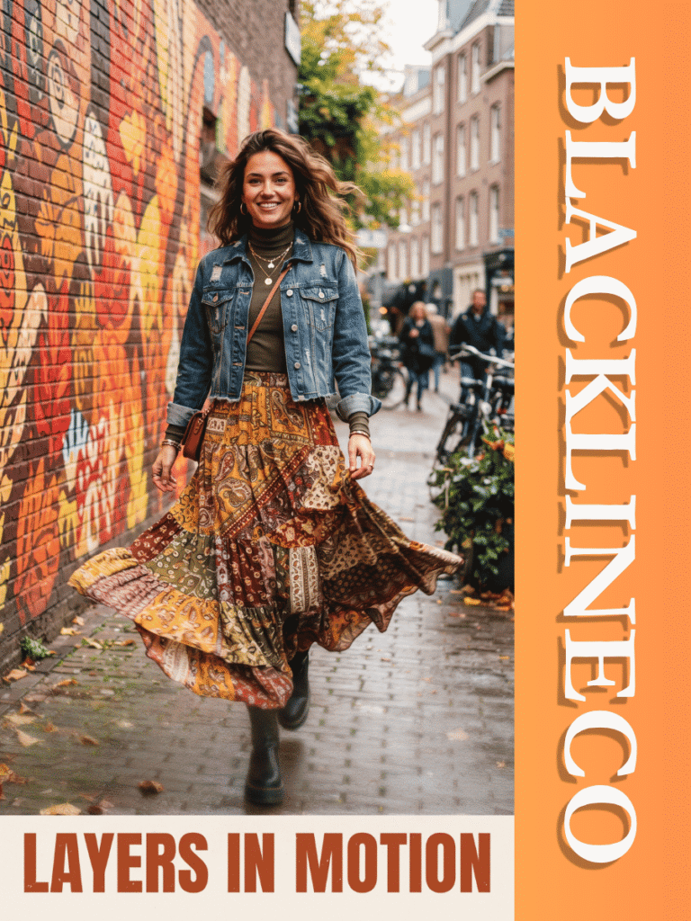 Woman in front of a mural wearing a patchwork bohemian maxi skirt and a cropped denim jacket with text LAYERS IN MOTION