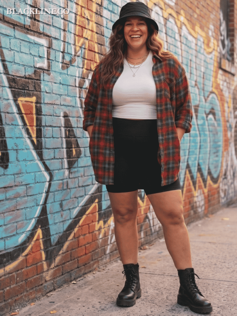 Plus size woman wearing an oversized flannel shirt with bike shorts