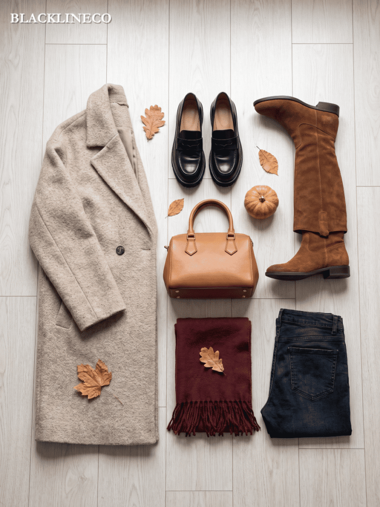 Fall 2026 wardrobe essentials flat lay including coat, boots, loafers, bag, and scarf