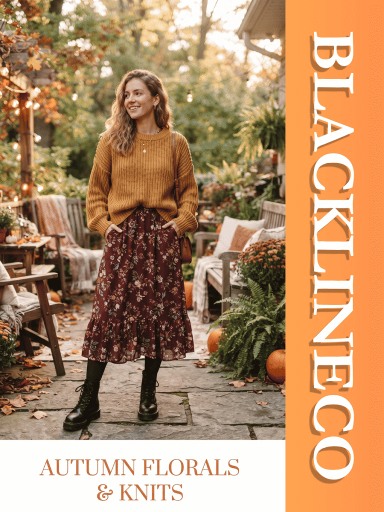 Woman in a burgundy floral midi dress and mustard chunky knit sweater with text AUTUMN FLORALS & KNITS