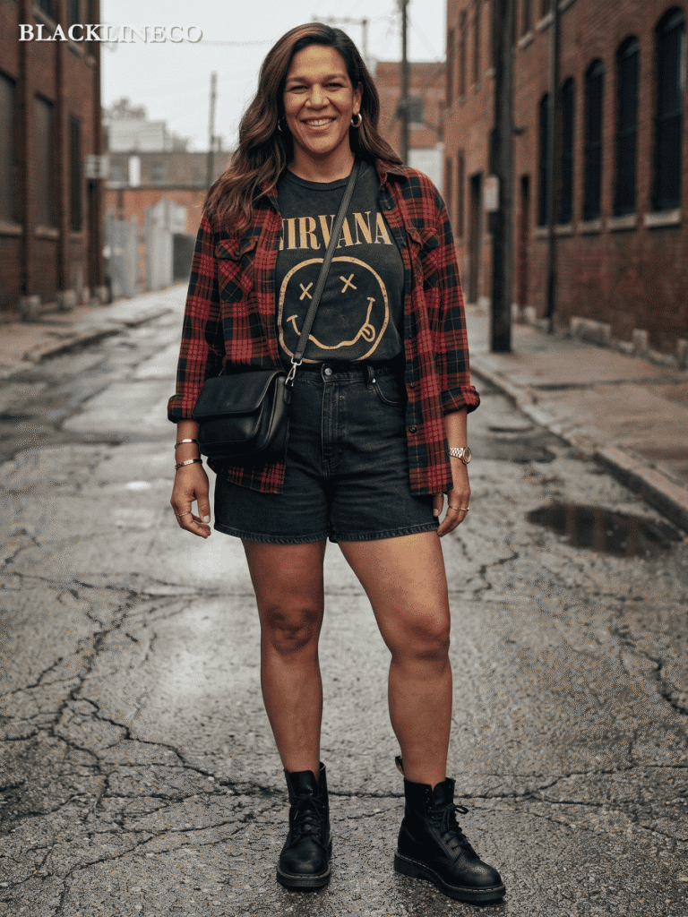 Plus size woman wearing layered band tee, flannel, and combat boots