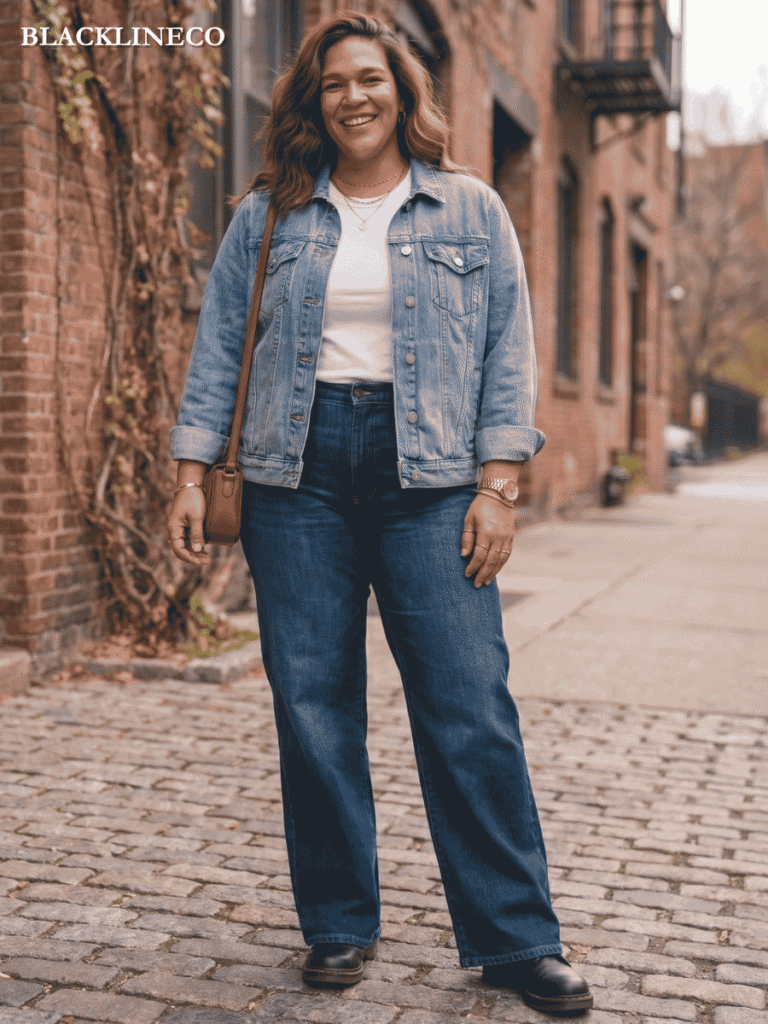 Plus size woman wearing contrast-wash double denim jacket and jeans