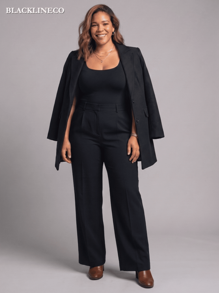 Plus size woman wearing a bodysuit with high-waisted wide-leg trousers