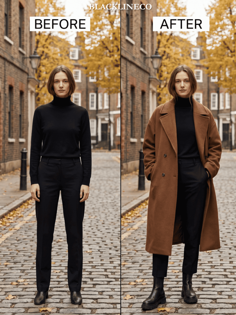 Before and after styling of a basic outfit updated with fall 2026 fashion trend pieces