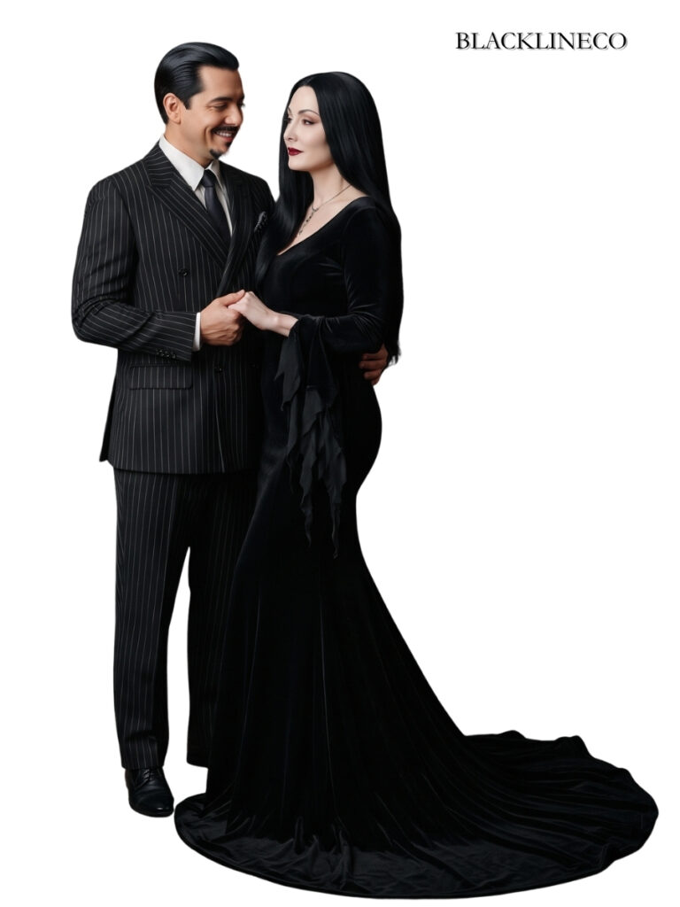 Elegant Morticia and Gomez Addams couples costume idea