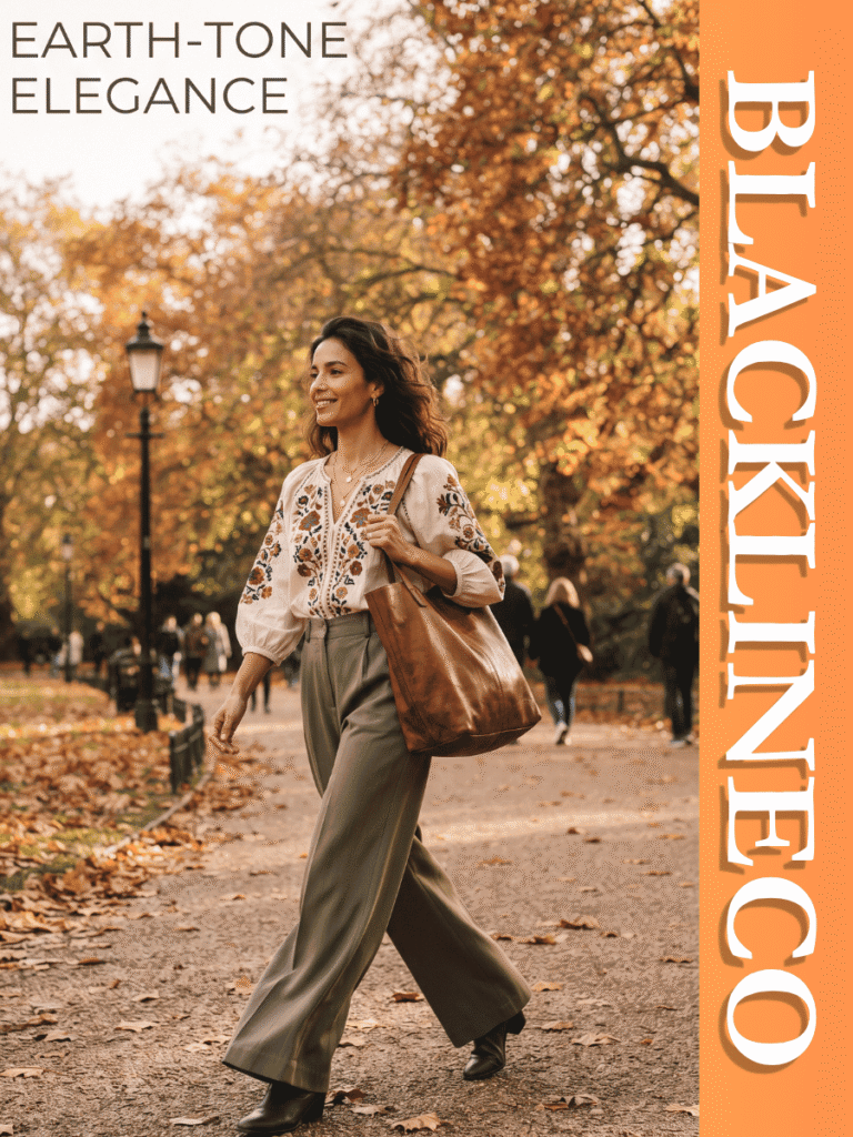 Woman walking in a park wearing olive wide-leg trousers and an embroidered peasant blouse with text EARTH-TONE ELEGANCE