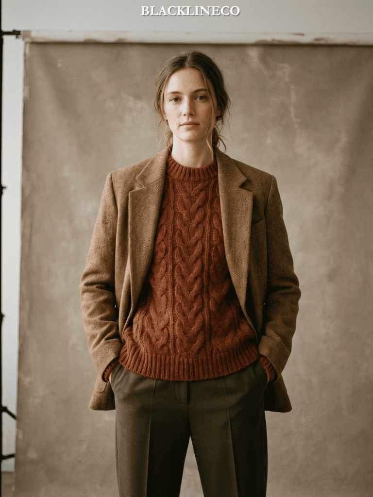 Woman wearing an oversized blazer layered over a knit sweater, fall 2026 silhouette trend
