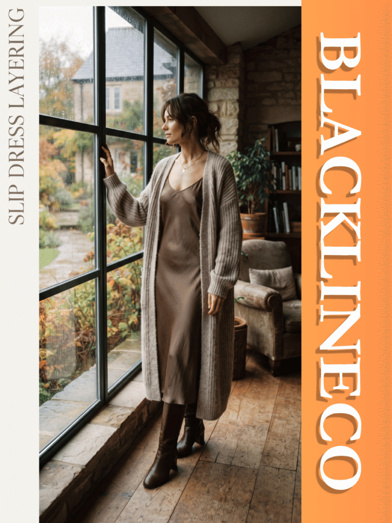 Woman near a window wearing a mocha slip dress and a long oatmeal duster cardigan with text SLIP DRESS LAYERING