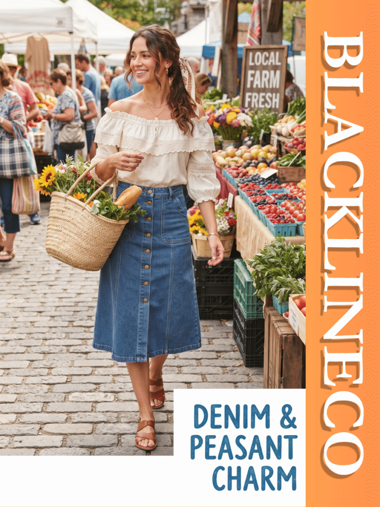Woman at a farmer market wearing a denim midi skirt and white peasant top with text DENIM & PEASANT CHARM