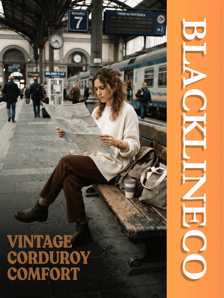 Woman sitting on a bench in chocolate brown corduroy pants and a cream tunic with text VINTAGE CORDUROY COMFORT