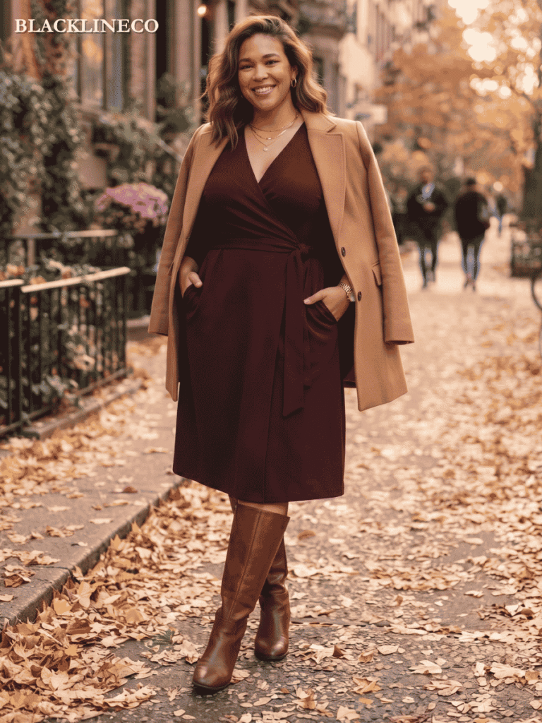 Plus Size Fall Outfit - Wrap Dress Plus size fall outfit with burgundy wrap dress and tall boots