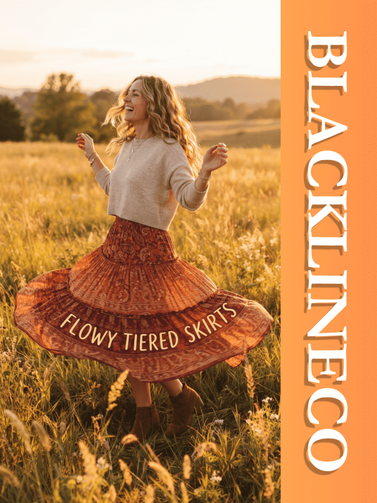 Woman in a golden-lit field wearing a multi-tiered patterned maxi skirt and soft sweater with text FLOWY TIERED SKIRTS