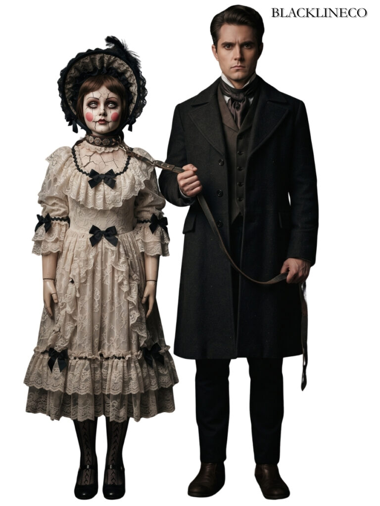 Creepy porcelain doll and owner couples Halloween costume idea