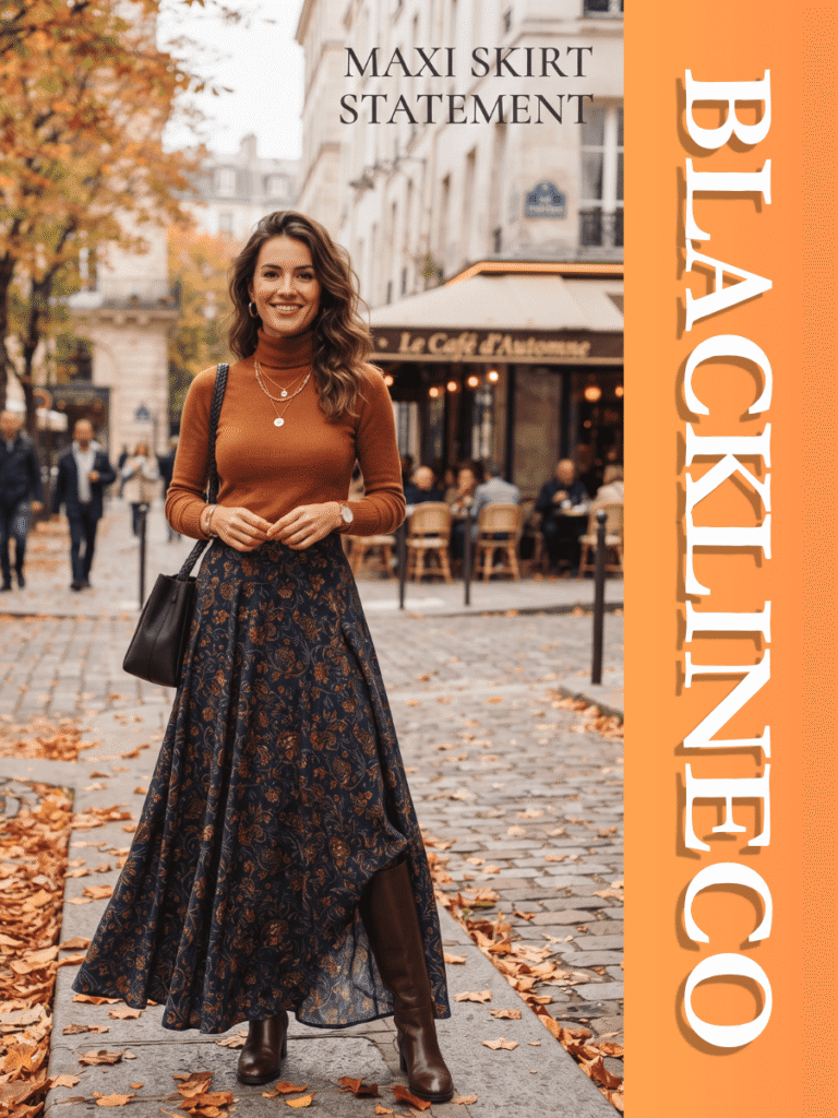 Woman on a city sidewalk wearing a navy blue printed maxi skirt and burnt-orange turtleneck with text MAXI SKIRT STATEMENT