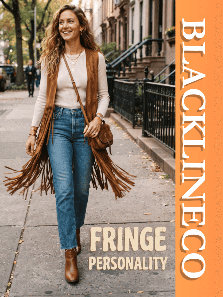 Woman walking down a city street in straight-leg jeans and a caramel suede fringe vest with text FRINGE PERSONALITY