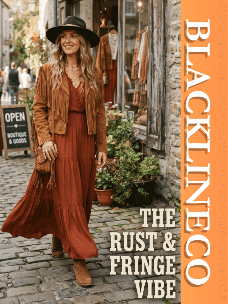 Woman wearing a rust maxi dress and caramel suede fringe jacket on a cobblestone street with text THE RUST & FRINGE VIBE