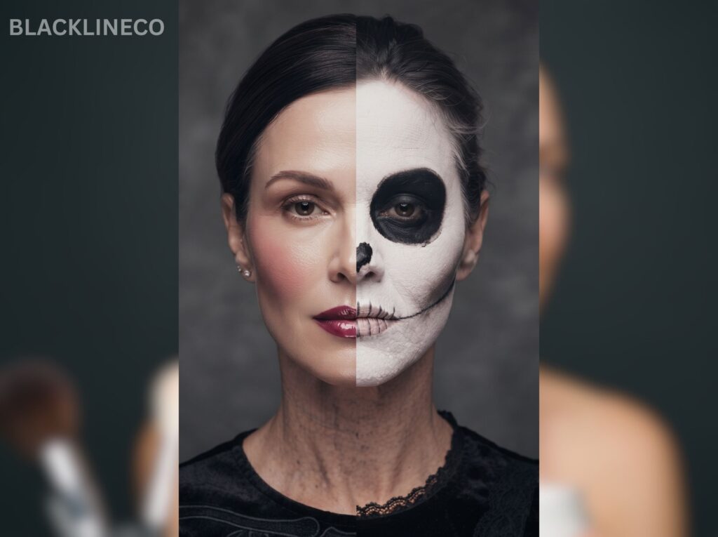 Easy Half-Face Skeleton Makeup Glam half-face skeleton makeup with natural makeup on the other side