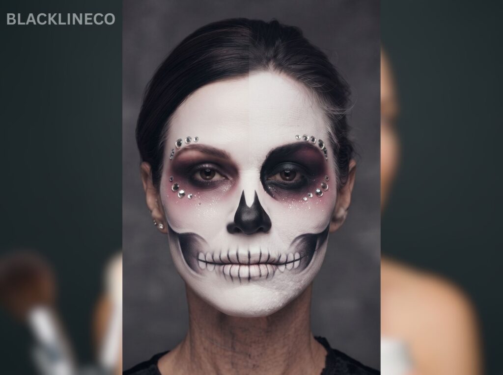 Cute Glam Skeleton Makeup Cute glam skeleton makeup with pink eyeshadow and subtle rhinestone details