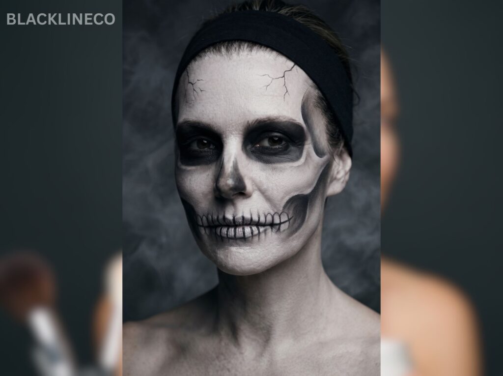Scary Skeleton Makeup Idea Scary black-and-white skeleton makeup with dark eye sockets and cheekbone shadows
