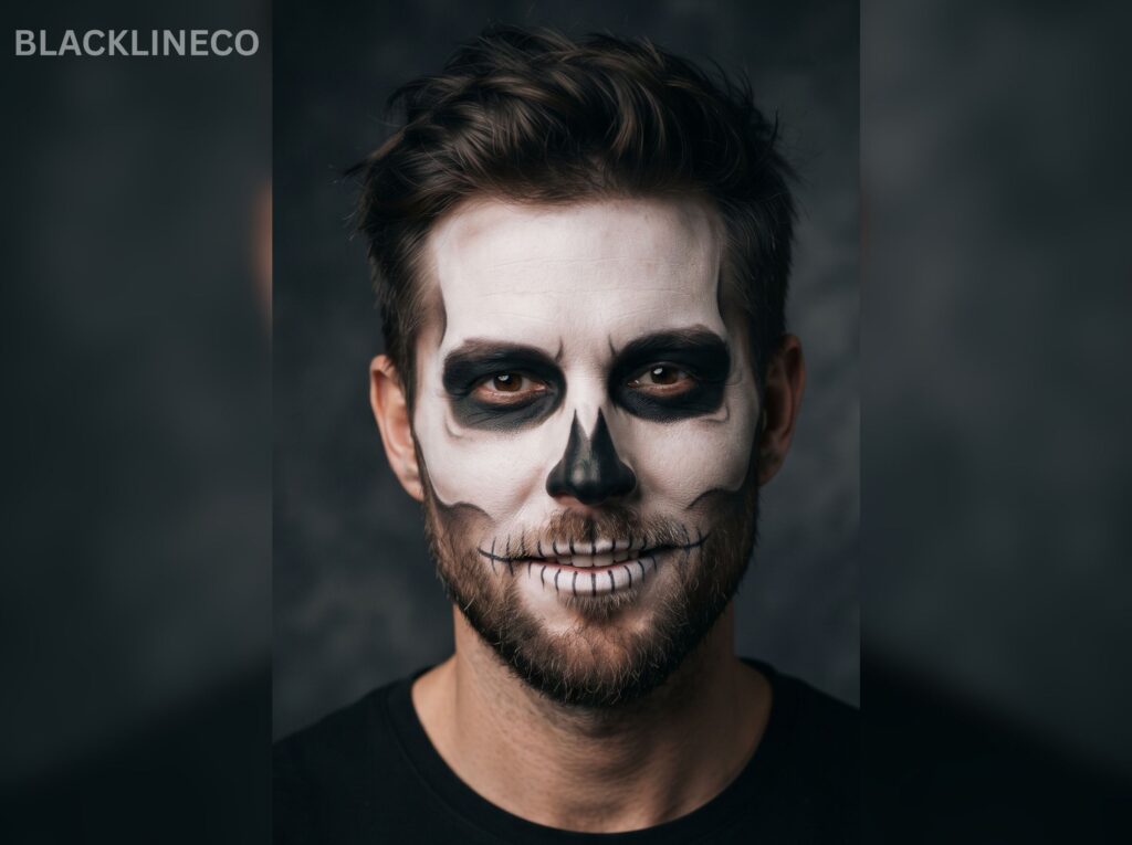 Beard-Friendly Skeleton Makeup Easy skeleton makeup for men with beard-friendly black skull details