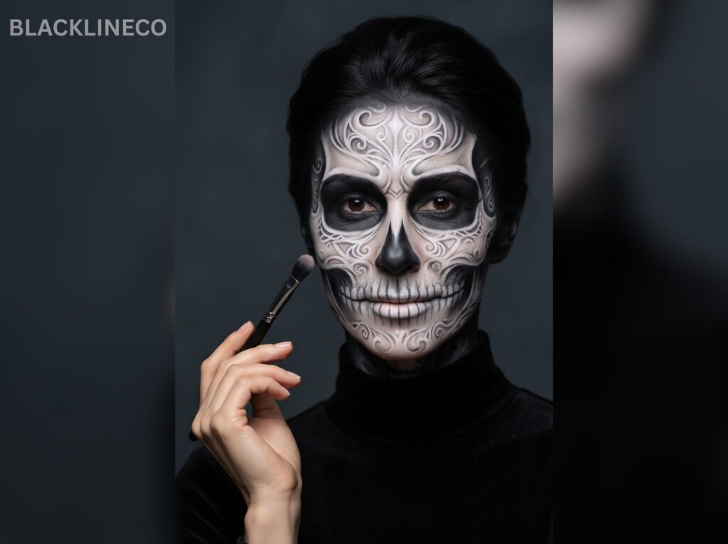 Easy Skeleton Makeup Inspiration Adult wearing finished black-and-white easy skeleton makeup for Halloween