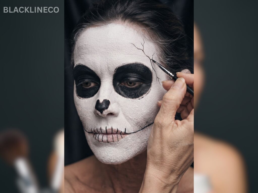 Add Skeleton Cracks and Shadows Adding subtle black forehead cracks to a completed skeleton makeup look