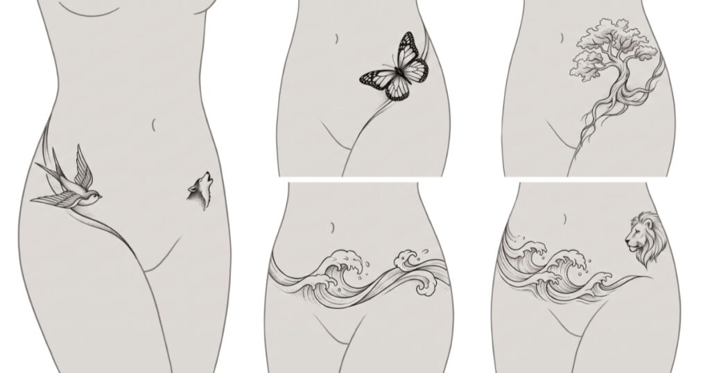 Gallery of animal and nature-inspired hip tattoo examples including butterflies, birds, wolves, trees, waves and lions on the side hip and hip bone