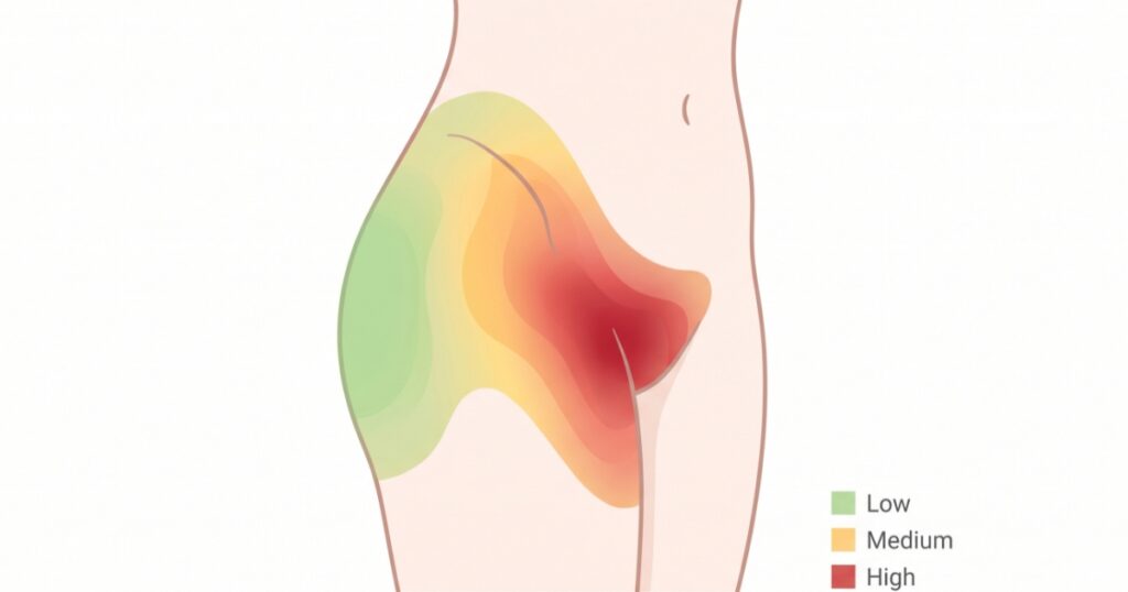 Infographic pain map showing low, medium and high pain areas for hip tattoos on a female lower-torso outline