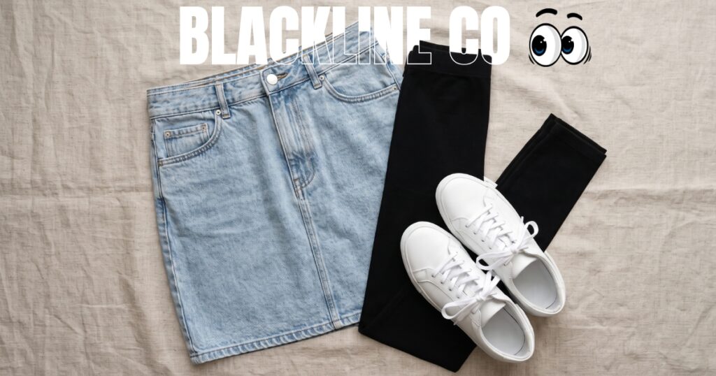 Skirt and leggings outfit with denim mini skirt, black leggings, and white sneakers