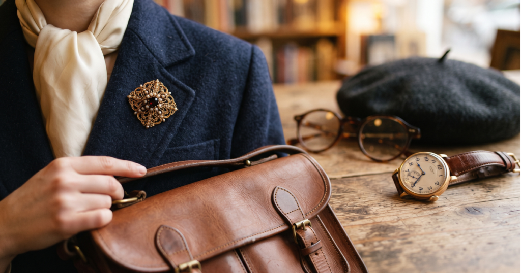Poet core fashion accessories with gold brooch and leather bag