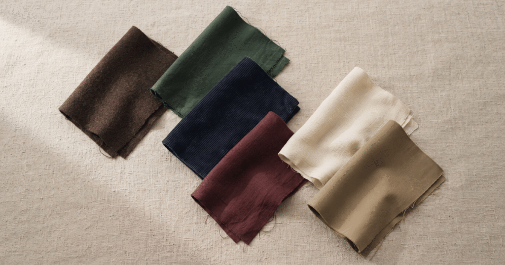 Poet core fashion color palette with earthy fabric swatches
