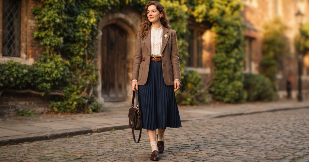 Poet core fashion full outfit with pleated skirt and blazer