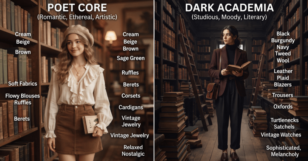 Poet core fashion compared to dark academia style side by side