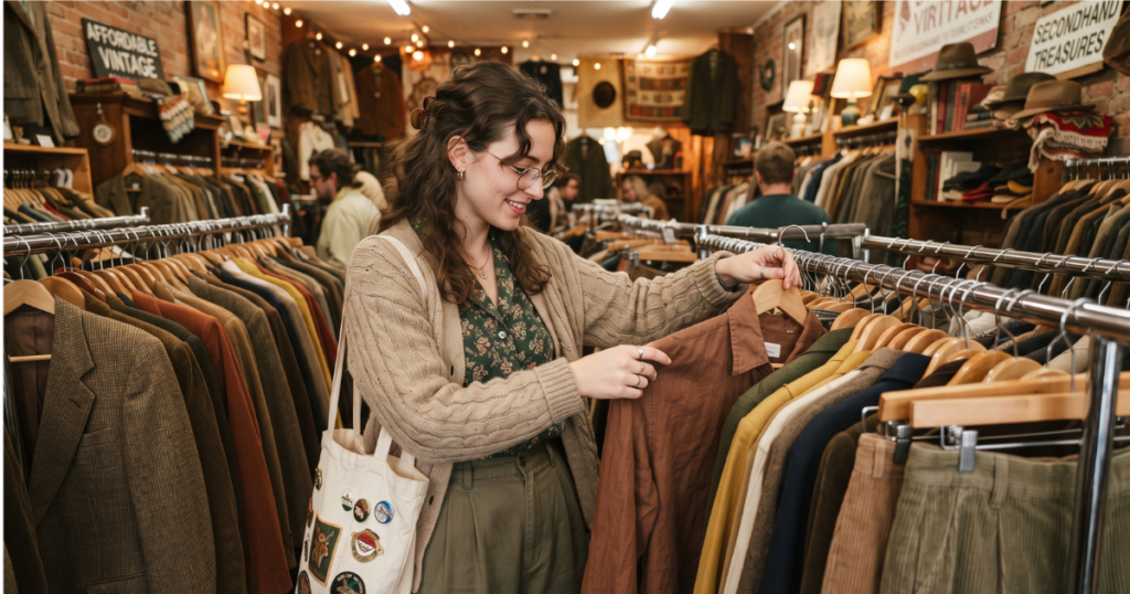 Woman thrift shopping for poet core fashion pieces