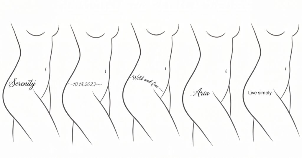 Gallery of script and quote hip tattoo examples with names, dates and short phrases in fine cursive and modern lettering along the hip bone and side hip
