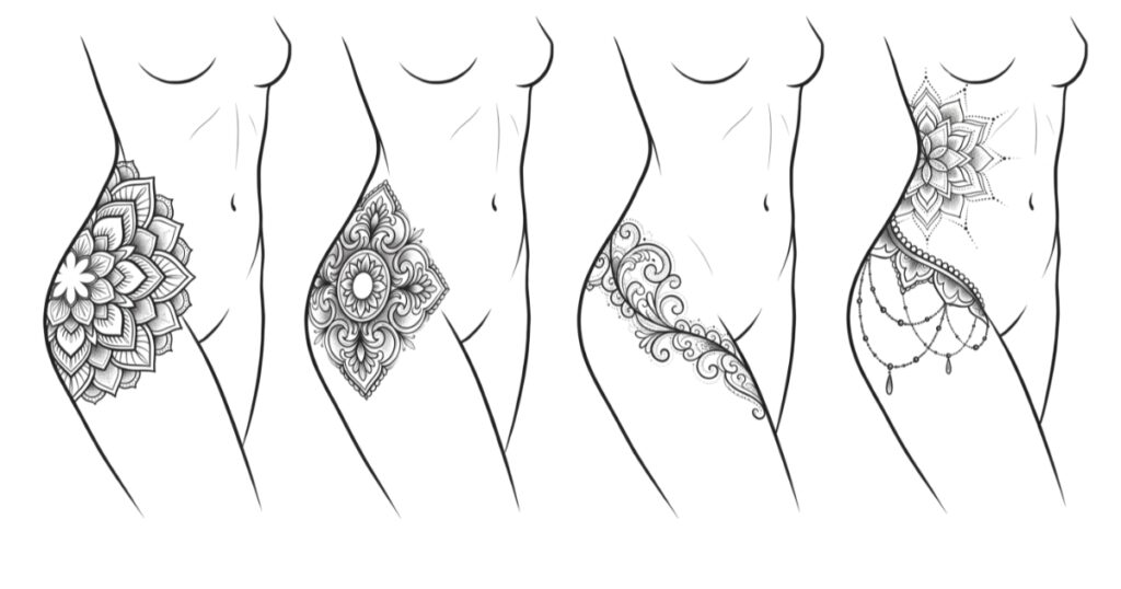 Gallery of mandala and ornamental hip tattoo examples with symmetrical, decorative designs on the side hip and front hip bone