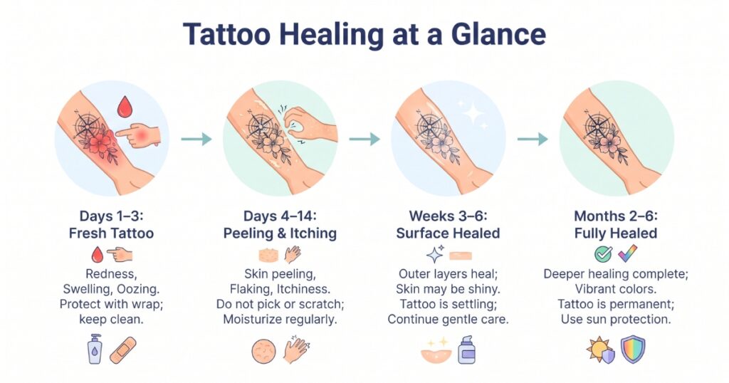 Tattoo healing stages timeline from day 1 to 6 months