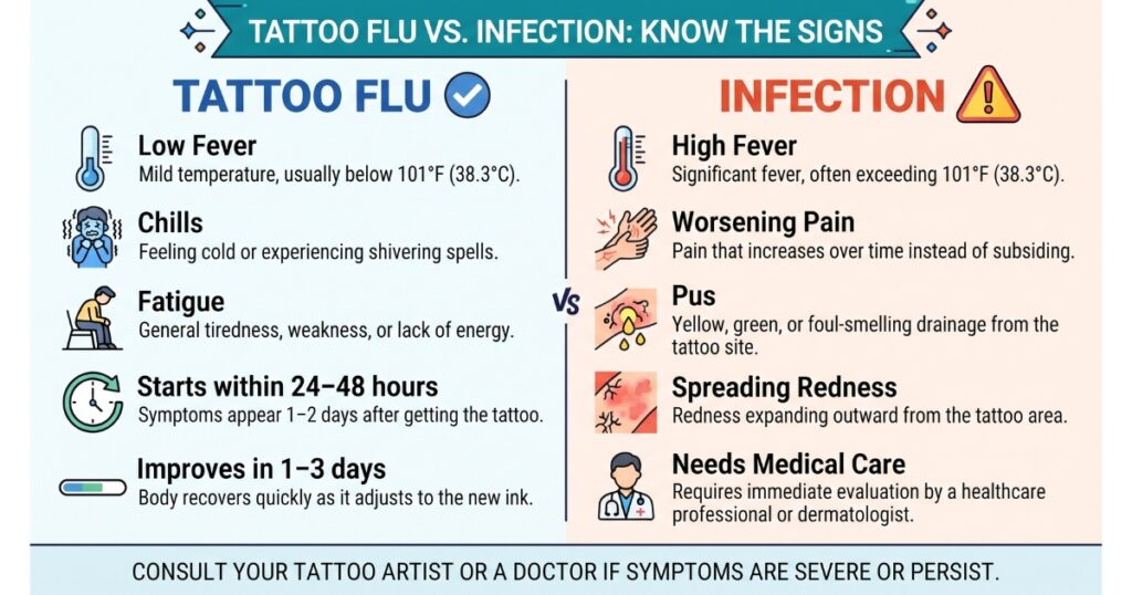 Tattoo flu symptoms compared to infection symptoms