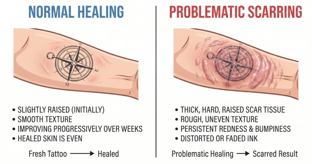 Normal tattoo healing compared to problematic scarring