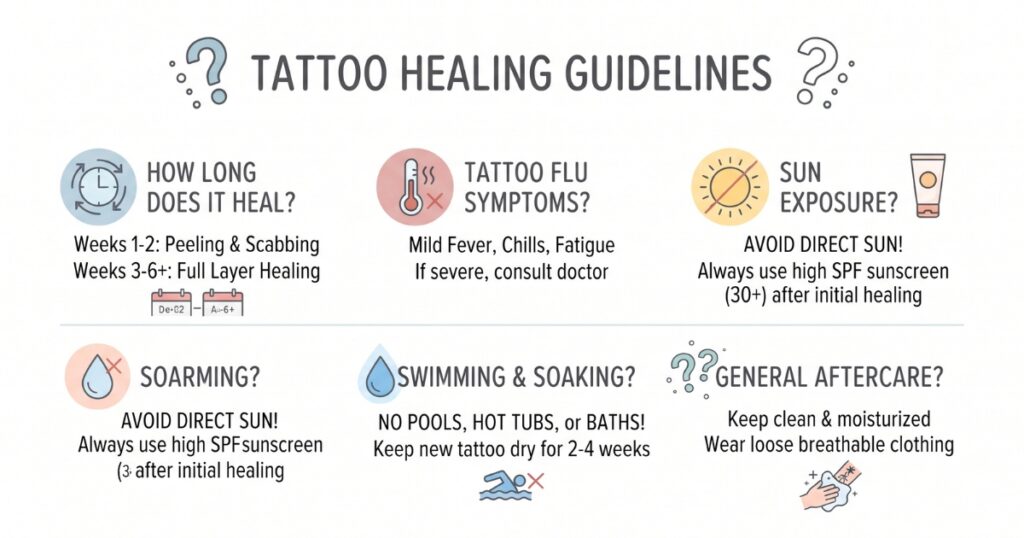 Icons representing common tattoo healing FAQ topics