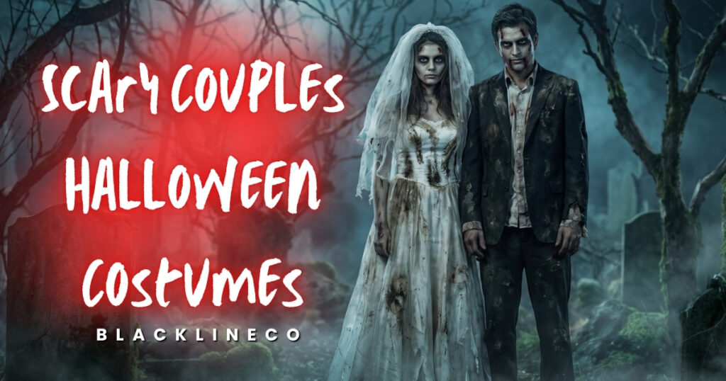 Scary zombie bride and groom couples Halloween costume in a foggy graveyard