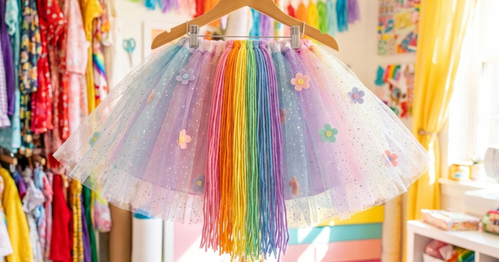 Back view of a DIY unicorn costume showing a rainbow yarn tail attached to the tulle tutu with glitter details
