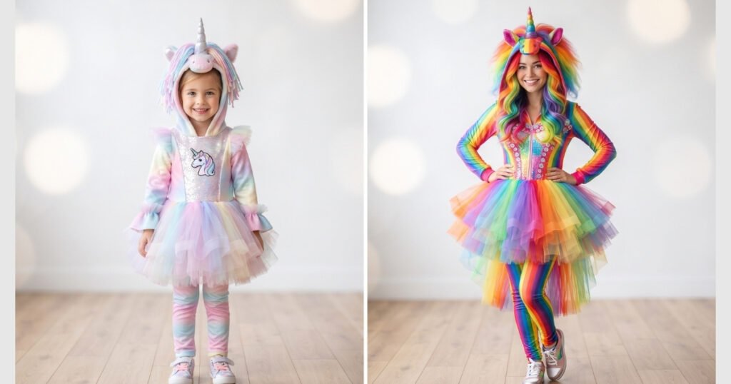 Side-by-side comparison of adult and kids DIY unicorn Halloween costumes in pastel and rainbow color themes