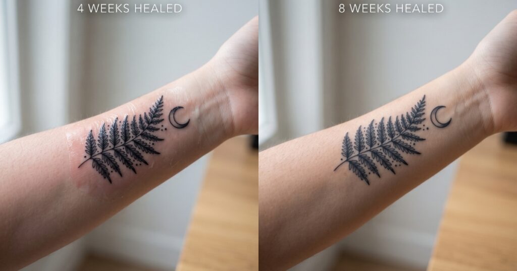 Tattoo comparison at 4 weeks versus 8 weeks healing