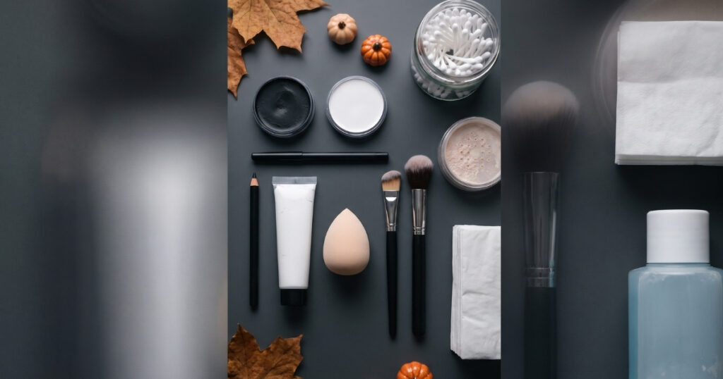 Skeleton Makeup Tools and Products Makeup tools needed for easy skeleton makeup including black and white face paint, brushes and sponge