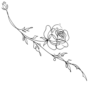 Single continuous-line rose tattoo design wrapping around the side hip in minimalist floral style